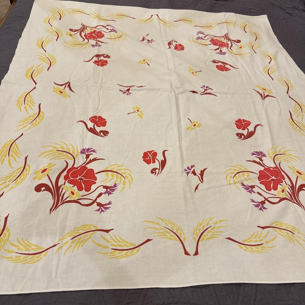 Vintage Printed 50s Tablecloth Linen 50 X 56 Pansy Daisy Red Yellow Wheat Edge
